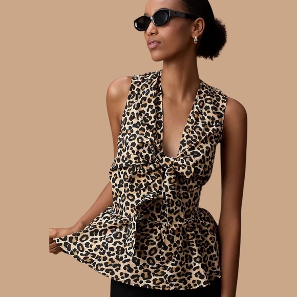 ANTHROPOLOGIE MAEVE 100% Cotton Bow Front Peplum Leopard Print Blouse US Sz M - Picture 1 of 10